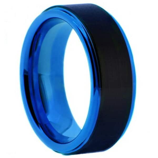 An 8mm black tungsten carbide ring with blue sleeves and polished edges.