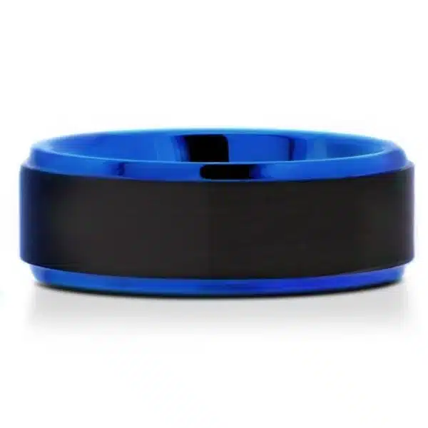 An 8mm black and blue tungsten carbide men's wedding band featuring a black brushed finish, blue polished edges and sleeve.